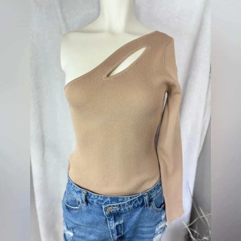 Roma Concept‎ Women Tan Ribbed One Shoulder Cutout Long Sleeve Bodysuit Large